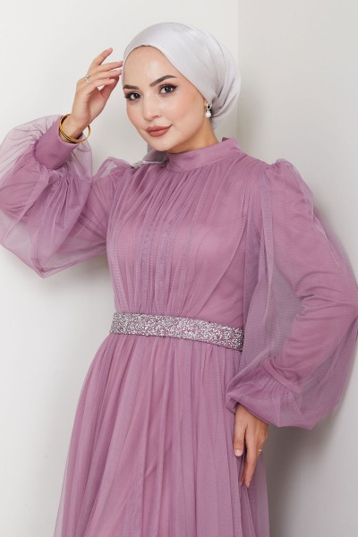 Taş Detaylı Büyük Beden Tesettür Abiye Alya - Lavanta